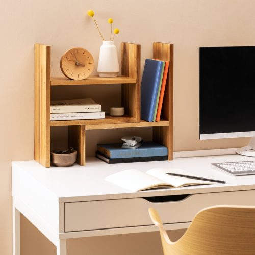 Raft organizator birou reglabil Navaris, 64x15.5x40 cm, modular, natural, lemn acacia, maro, lemn