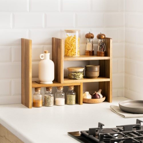 Raft organizator birou reglabil Navaris, 64x15.5x40 cm, modular, natural, lemn acacia, maro, lemn