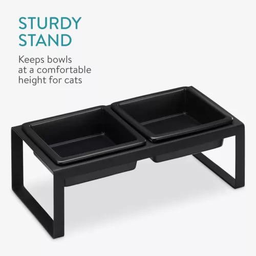 Suport hranire pentru pisici si caini mici Navaris, cu 2 boluri ceramice, suport metalic inaltat, 2x250 ml, antiderapant, design modern, Negru