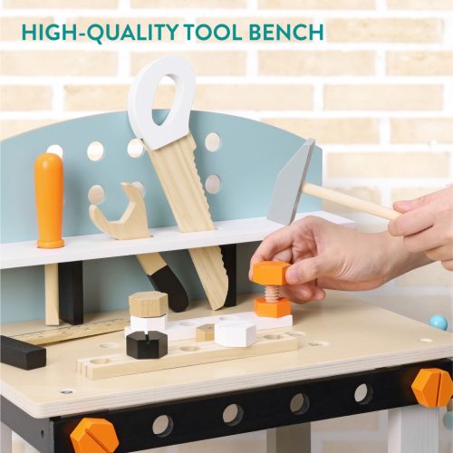 Banc de lucru din lemn pentru copii Navaris, 49x45x29, 5 cm, cu unelte incluse, maro, lemn/MDF