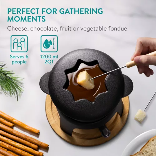Set fondue Navaris, 6 persoane, oala fonta 2QT, splash guard, pentru aragaz sau BBQ, maro, otel/lemn