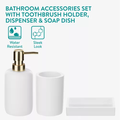 Set accesorii baie Navaris, 3 piese, suport periute, dozator si savoniera, polirasina, alb, rasina