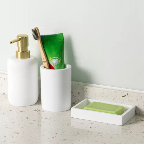 Set accesorii baie Navaris, 3 piese, suport periute, dozator si savoniera, polirasina, alb, rasina