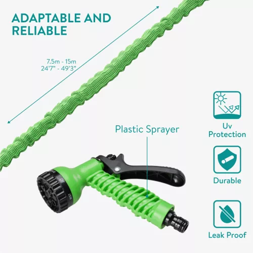 Furtun de gradina extensibil Navaris 7.5-15m, cu pistol 7 functii, conectori rapizi, 61948.02