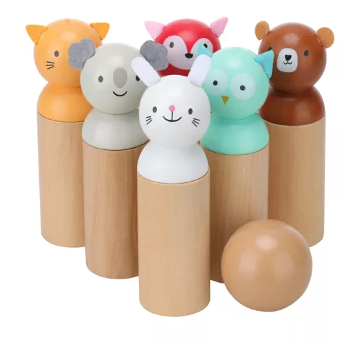 Set bowling animale din lemn Navaris, 6 popice + bila, 13.6x4 cm, geanta textila, multicolor, lemn