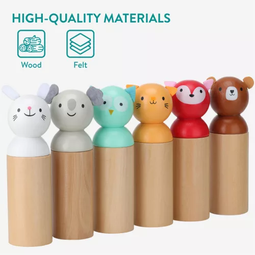 Set bowling animale din lemn Navaris, 6 popice + bila, 13.6x4 cm, geanta textila, multicolor, lemn