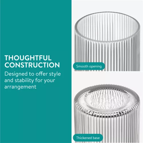 Vaza decorativa ribbed Navaris, forma rotunda, 35x14x14 cm, sticla groasa, pentru flori, gri, sticla
