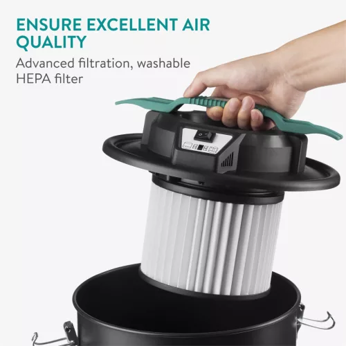 Aspirator pentru cenusa Navaris, cu roti, 20 L, 1000 W, filtru HEPA, 27x27x49 cm, negru, otel