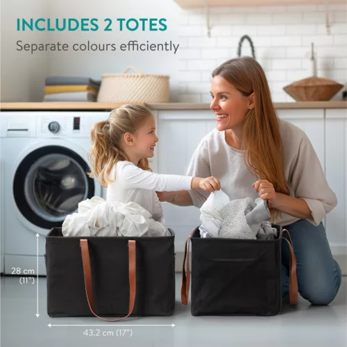 Set 2 cosuri rufe pliabile Navaris, 37 L, manere laterale si snur, 43x31x28 cm, negru, textil