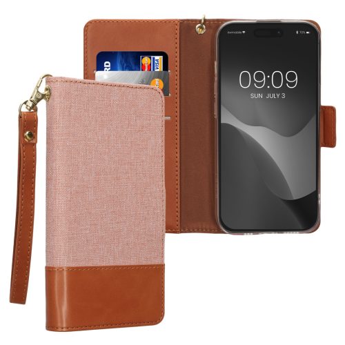 Kwmobile tok Apple iPhone 15 Pro készülékhez, világos rózsaszín/barna, textil/szilikon, KWM000022RL001C