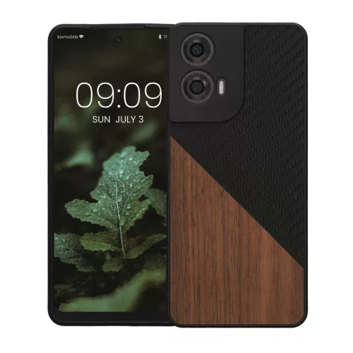 Kwmobile tok Motorola Moto G24/Moto E14/Moto G04 készülékhez, barna/fekete, fa/szilikon, KWM000022RR001C