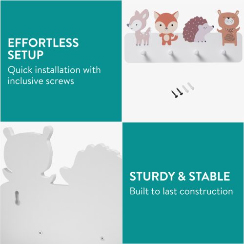 Cuier perete copii Navaris, tematica animale, 4 agatatori, 40x18x4 cm, multicolor, MDF