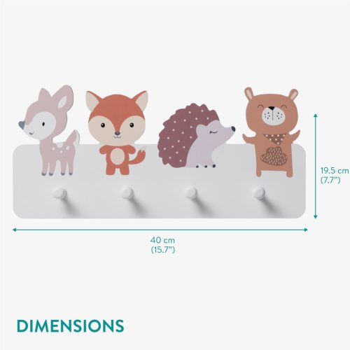 Cuier perete copii Navaris, tematica animale, 4 agatatori, 40x18x4 cm, multicolor, MDF