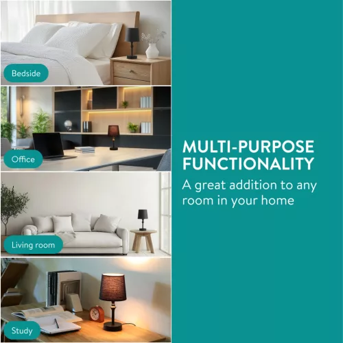 Lampa de masa Navaris, E27, abajur textil, 30 cm, cablu 1.8 m, baza metalica, negru, textil