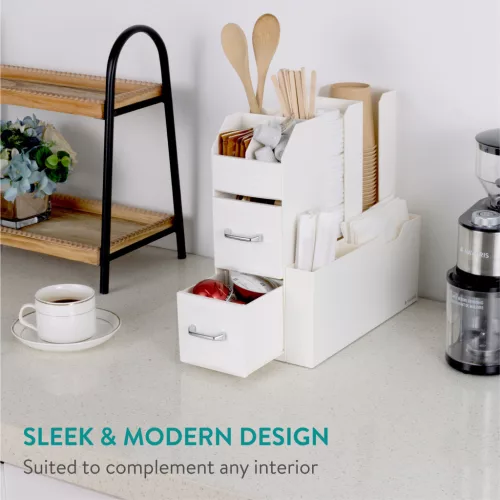 Organizator accesorii cafea Navaris, cu sertare, 31.5x13.7x28.7 cm, alb, plastic