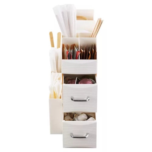 Organizator accesorii cafea Navaris, cu sertare, 31.5x13.7x28.7 cm, alb, plastic