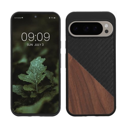 Kwmobile tok Google Pixel 9/Pixel 9 Pro készülékhez, barna/fekete, fa/szilikon, KWM000020QR001C