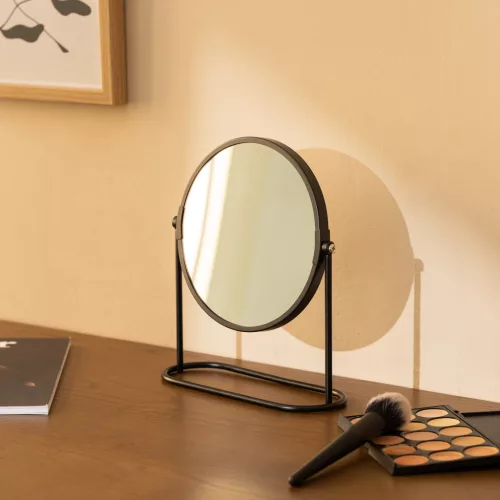 Oglinda cosmetica rotativa Navaris, 2x marire, pentru masa machiaj, 19.3x18 cm, negru, sticla/otel