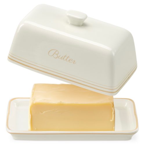 Vas din ceramica pentru unt Navaris, cu capac, alb crem, vintage, 60281.01