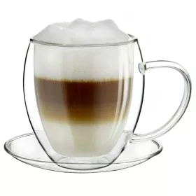   Cana termica XXL Creano, 400 ml, sticla borosilicata, perete dublu, cu farfurioara