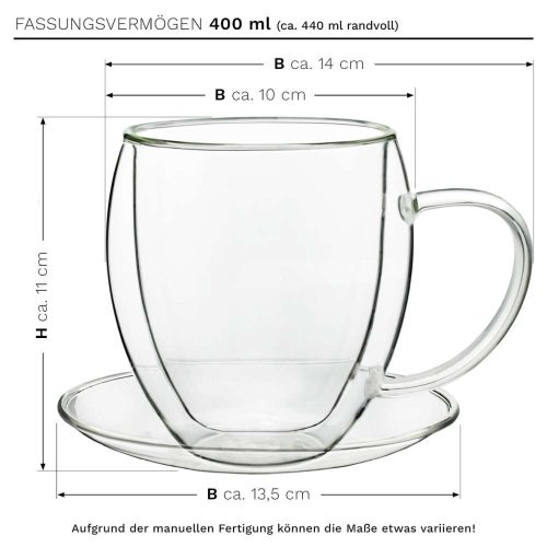 Cana termica XXL Creano, 400 ml, sticla borosilicata, perete dublu, cu farfurioara
