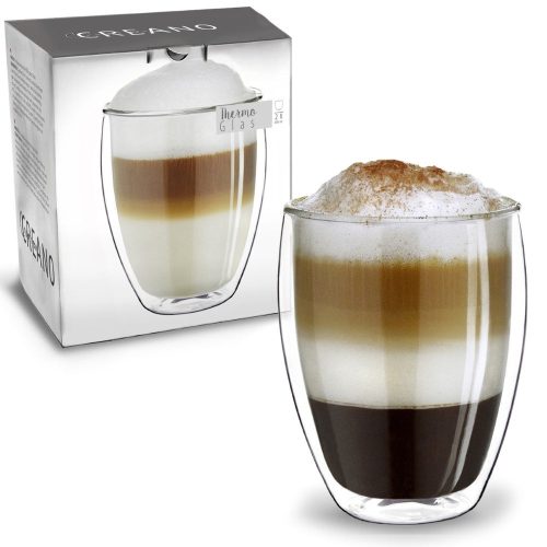 Pahar termic XXL Creano, 400 ml, sticla borosilicata, perete dublu, pentru ceai si cafea
