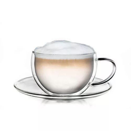 Cana termica Creano, 250 ml, sticla borosilicata, perete dublu, cu farfurioara