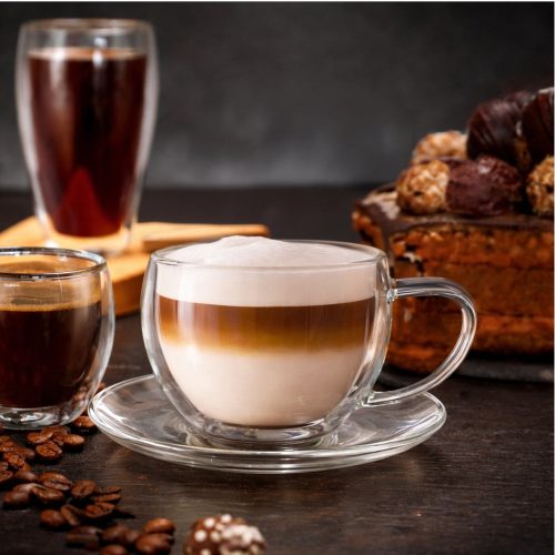 Cana termica Creano, 250 ml, sticla borosilicata, perete dublu, cu farfurioara