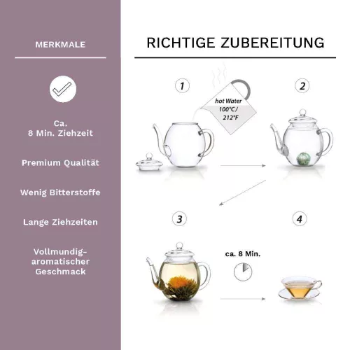 Creano ErbluhTee Mix ajándékszett, 500 ml üveg teáskanna és 6 virágzó fekete teagolyó, 3 fajta