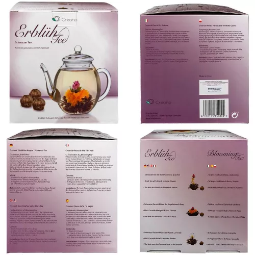 Creano ErbluhTee Mix ajándékszett, 500 ml üveg teáskanna és 6 virágzó fekete teagolyó, 3 fajta