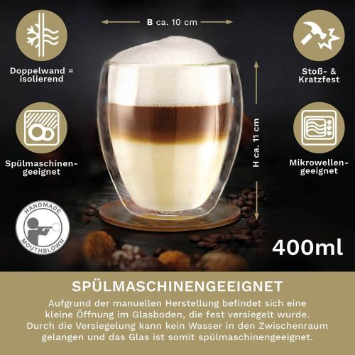 Set 4 pahare termice Creano DG-Bauchig, 400 ml, sticla borosilicata, perete dublu