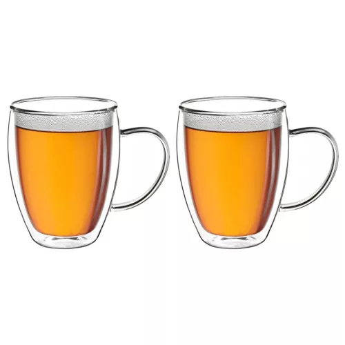 Set 2 cani termice Creano cu maner, 250 ml, sticla borosilicata, perete dublu