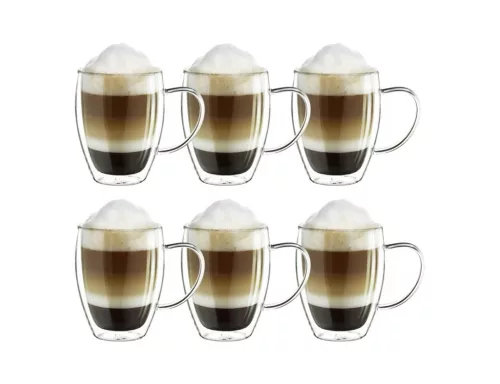 Set 6 cani termice Creano cu maner, 250 ml, sticla borosilicata, perete dublu