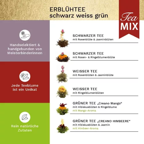 Creano ErbluhTee ajándékszett, fekete mágneses doboz + 6 vegyes virágzó teagolyó, fehér/fekete/zöld tea