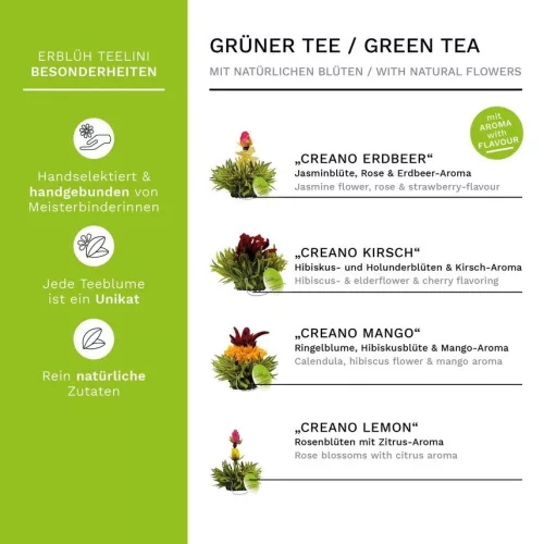 Creano ErbluhTeelini virágzó tea szett bögréhez, 8 darab (4 aroma), zöld tea