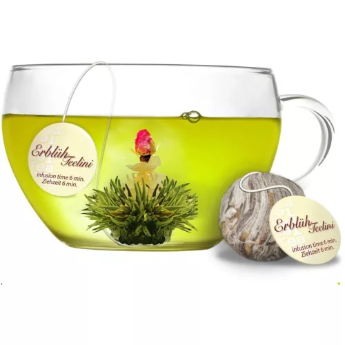 Creano Teelini virágzó tea ajándékszett, 200 ml üvegbögre fedéllel, 8 zöld teás tasak