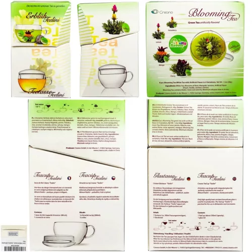 Creano Teelini virágzó tea ajándékszett, 200 ml üvegbögre fedéllel, 8 zöld teás tasak