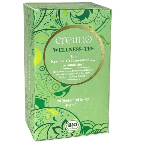 Creano bio Wellness Tea, zöld tea gyógynövényekkel, grapefruit aroma, 20 filtertasakos szett
