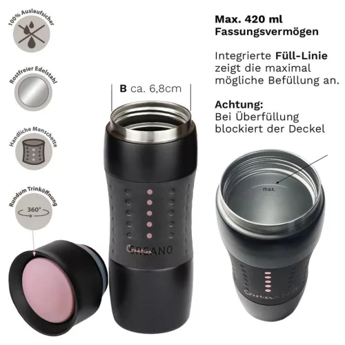 Cana termos Creano Design Travel Mug, 420 ml, inox, etansa, deschidere 360, roz