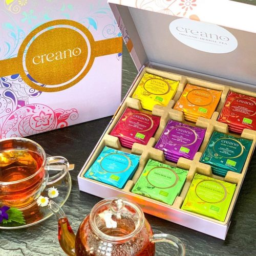 Creano bio tea ajándékszett, 45 filtertasak, 9 fajta, gyógynövény-, gyümölcs- és fűszerkeverék, 90 g, 25x27, 7x4, 5 cm
