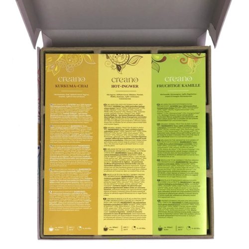 Creano bio tea ajándékszett, 45 filtertasak, 9 fajta, gyógynövény-, gyümölcs- és fűszerkeverék, 90 g, 25x27, 7x4, 5 cm