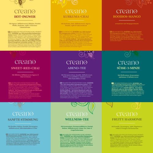 Ajándékcsomag bio tea Creano Organic Herbal Tea, 27 filter, 9 változat, gyógynövény, gyümölcs, fűszerek