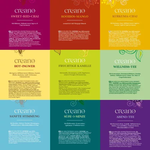 Creano bio tea ajándékszett, 45 filtertasak, 9 fajta, 90 g, gyógynövények, gyümölcsök, fűszerek