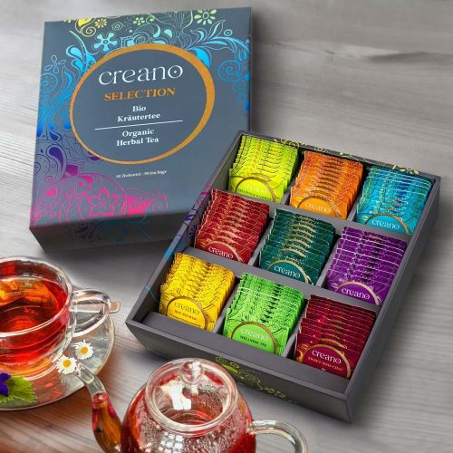 Creano Selection Box bio tea ajándékszett, 90 filtertasak, 9 fajta, koffeinmentes, 27,5x23x7,8cm