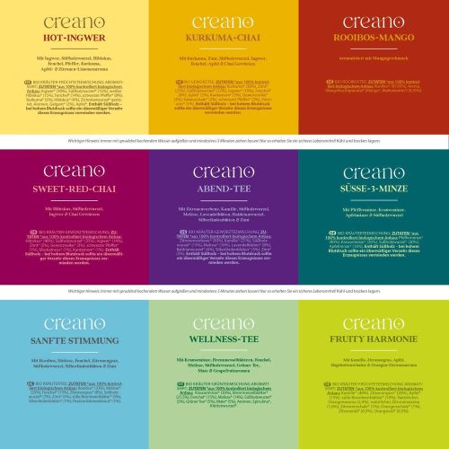 Creano Selection Box bio tea ajándékszett, 90 filtertasak, 9 fajta, koffeinmentes, 27,5x23x7,8cm