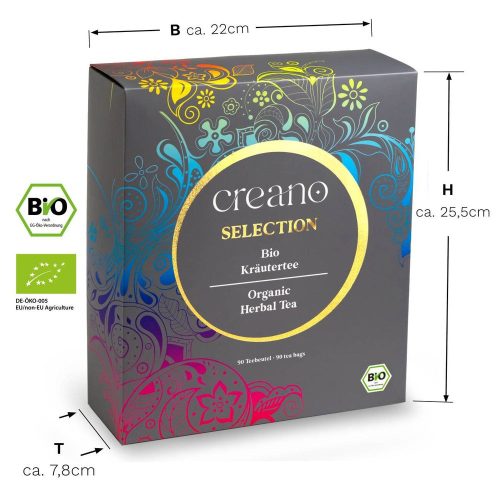 Creano Selection Box bio tea ajándékszett, 90 filtertasak, 9 fajta, koffeinmentes, 27,5x23x7,8cm