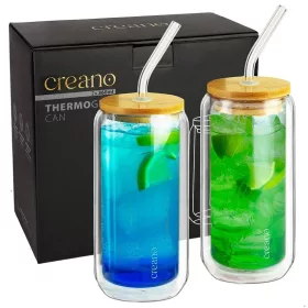   Set 2 pahare Creano, 360 ml, perete dublu, cu capac din bambus si pai, pentru smoothie si bubble tea
