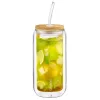 Set 2 pahare Creano, 360 ml, perete dublu, cu capac din bambus si pai, pentru smoothie si bubble tea