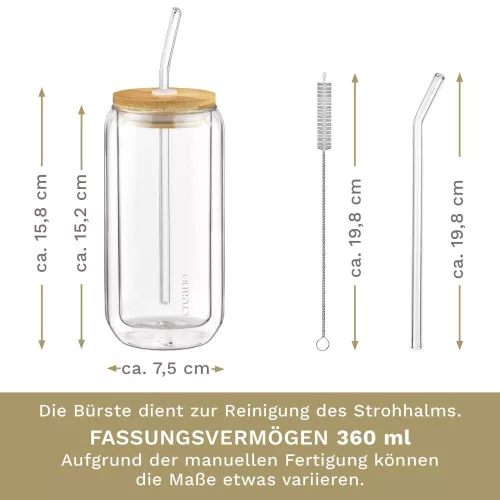 Set 2 pahare Creano, 360 ml, perete dublu, cu capac din bambus si pai, pentru smoothie si bubble tea