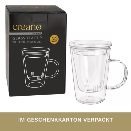Cana pentru ceai Creano, 400 ml, sticla borosilicata, cu infuzor si capac din sticla